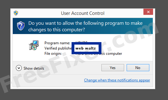 Screenshot where web waltz appears as the verified publisher in the UAC dialog